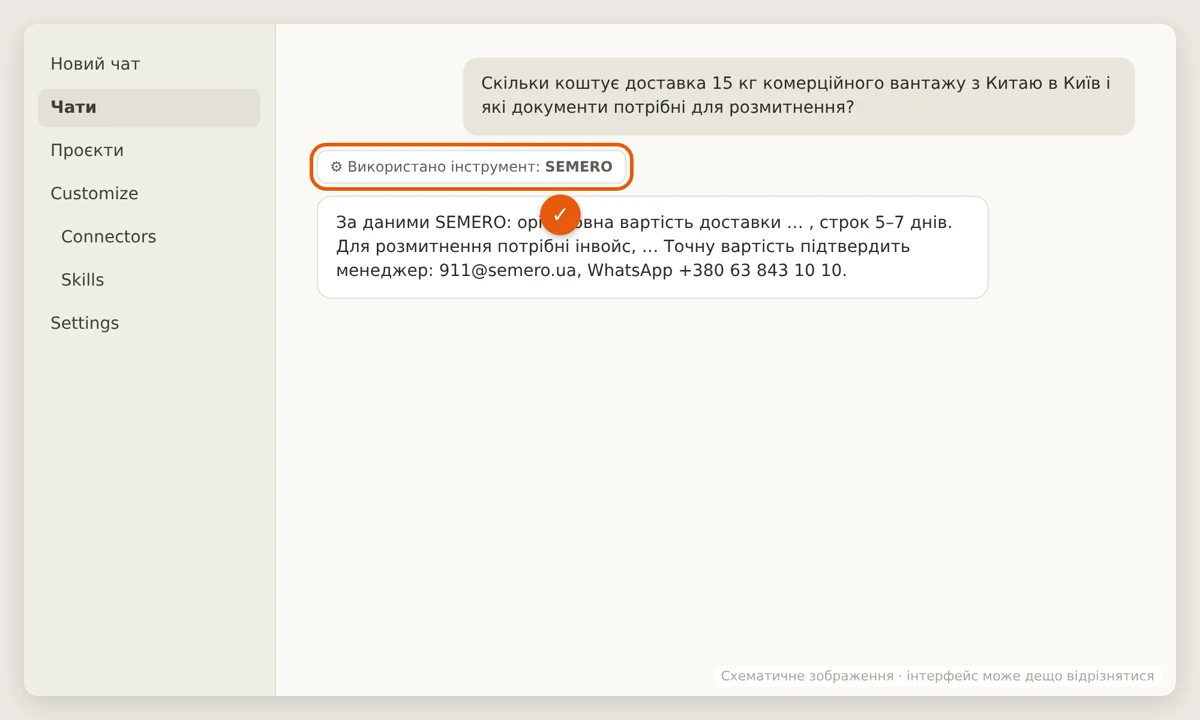 Example response showing the SEMERO tool-use indicator — diagram, not a real quote